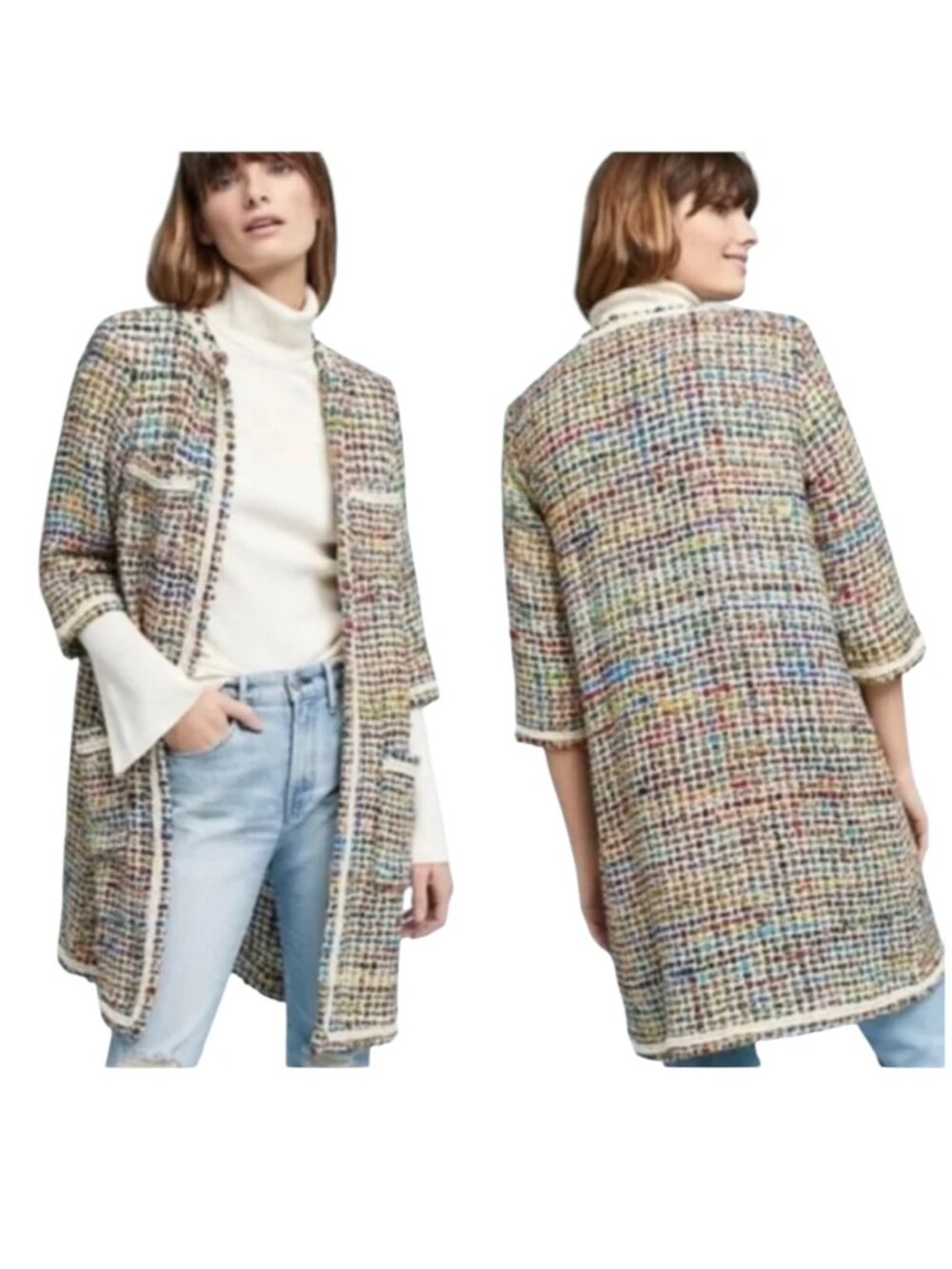 ett:twa Anthropologie Berwyn Tweed Silk Blend Jacket Coat Open Front M